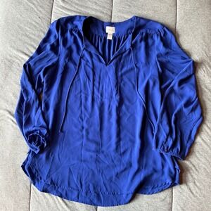 Chico's Cobalt Blue V Neck Tie Neck Long Sleeve Blouse Top Size 2